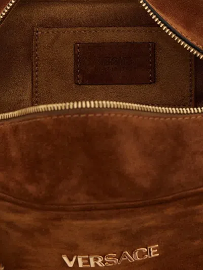 Versace Shoulder Bag Suede Finish Double Handles In Brown
