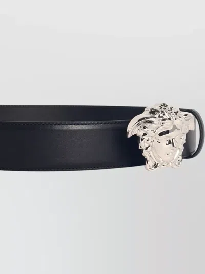 Versace Medusa Leather Belt Adjustable Length Smooth In Black
