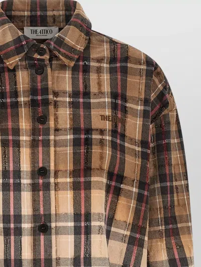 Attico Plaid Shirt Collared Neck Long Sleeves Frayed Hem In Brown