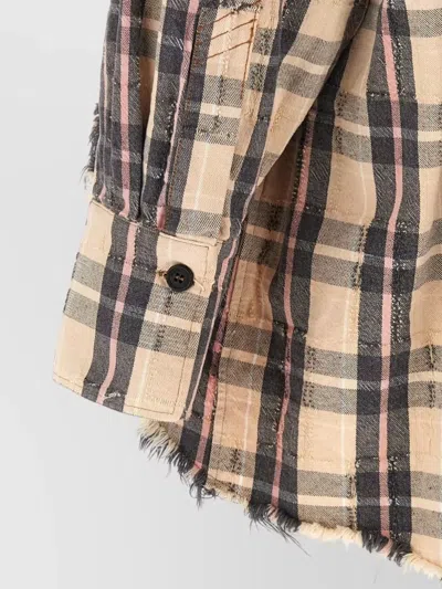Attico Plaid Shirt Collared Neck Long Sleeves Frayed Hem In Brown