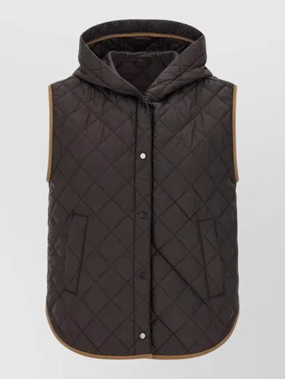 Brunello Cucinelli Hooded Padded Gilet Contrast Trim Pockets In Gray
