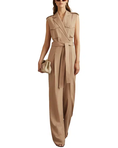 Reiss Stone Wool Blend Double Breasted Belted Jumpsuit In Brown
