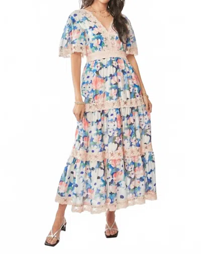 Davi & Dani Floral V-neck Maxi Dress In Blue In Blue