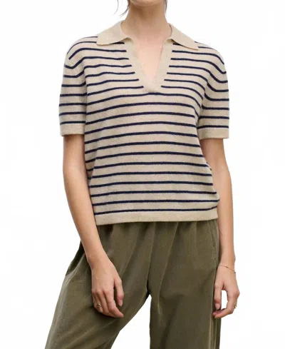 Velvet By Graham & Spencer Yael Cashmere Polo Sweater In Oatmeal/navy In Brown