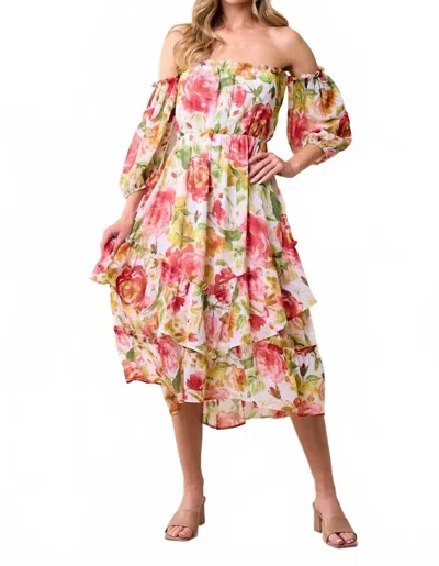 Saints & Hearts Floral Off Shoulder Midi Dress In Cream In Multi