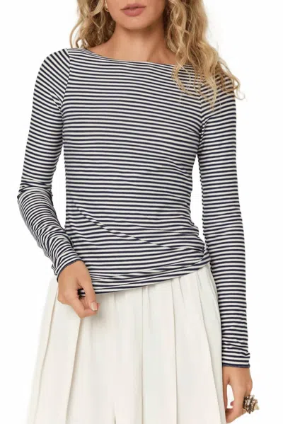 Project Social T Zinnia Boatneck Top In Navy Stripe In Blue