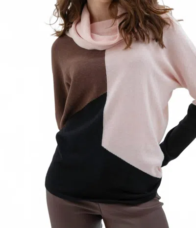 Marble Cowl Neck Color Block Sweater In Pink/brown In Pink