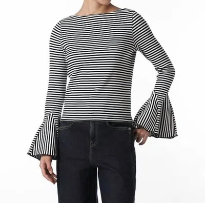 One And Only Collective Striped Bell Sleeve Top In Black And White In Blue