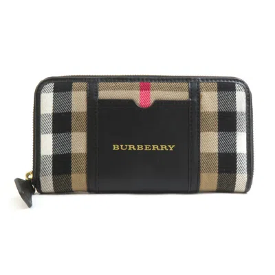 Pre-owned Burberry Black Brown Leather Wool Long Wallet (bi-fold) () In Multi
