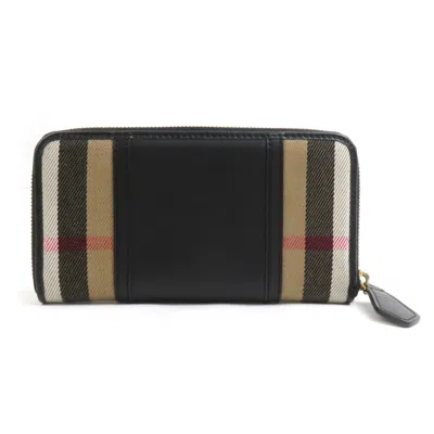 Pre-owned Burberry Black Brown Leather Wool Long Wallet (bi-fold) () In Multi