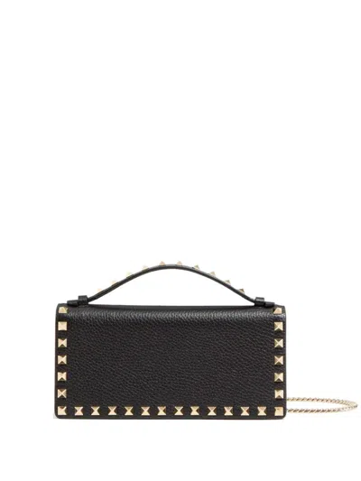 Valentino Garavani Rockstud Grainy Leather Wallet With Detachable Chain Accessories In Black