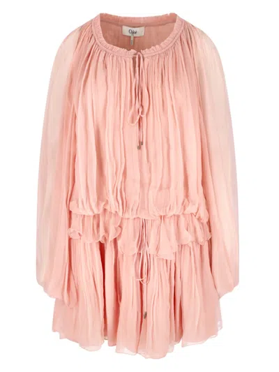 Chloé Women Pink Mini Dress With Drawstring On The Front And Cape Design In Silk Woman In Neutral