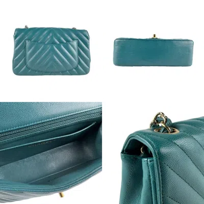 Pre-owned Chanel Blue Green Dark Blue Grained Calfskin Leather Metal Shoulder Bag ()