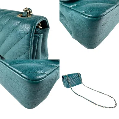 Pre-owned Chanel Blue Green Dark Blue Grained Calfskin Leather Metal Shoulder Bag ()