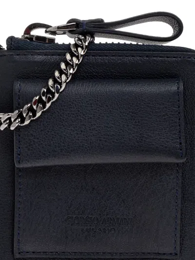 Giorgio Armani Chain Zip Leather Wallet In Blue