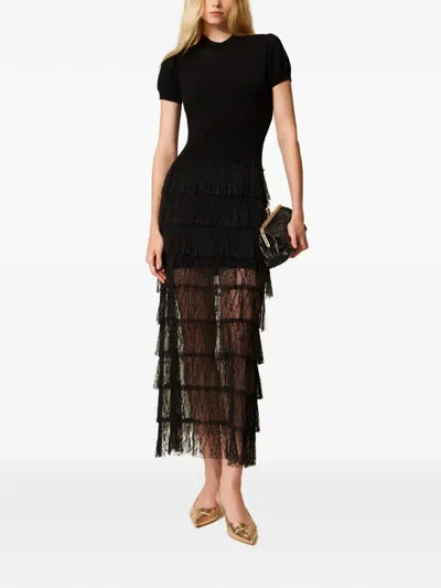 Twinset Plumetis Lace Knit Dress In Black