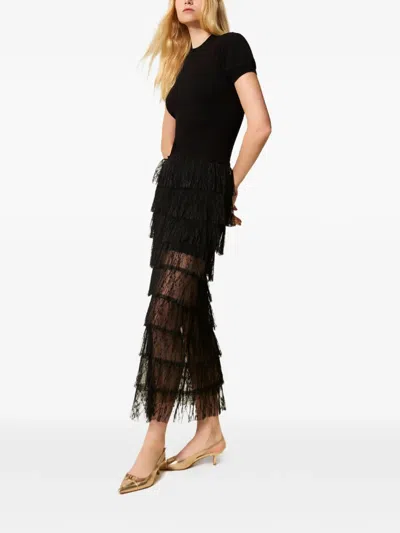 Twinset Plumetis Lace Knit Dress In Black