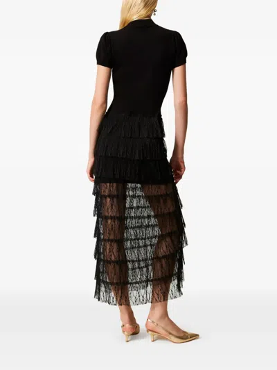 Twinset Plumetis Lace Knit Dress In Black