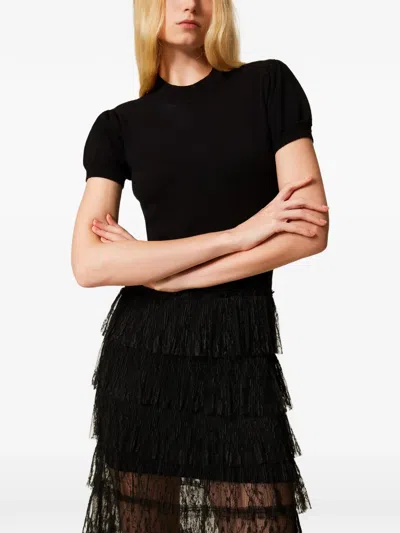 Twinset Plumetis Lace Knit Dress In Black