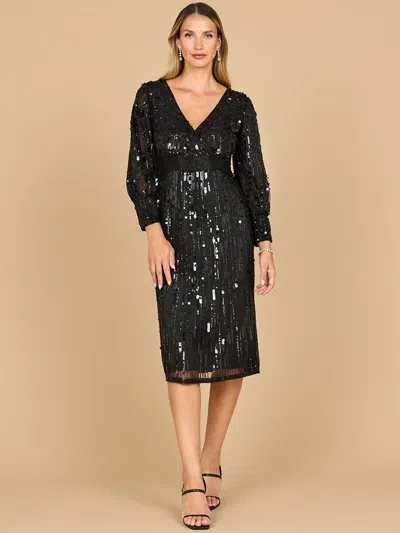 Lara Dresses 28855 A Line Beaded Midi Cocktail Dress In Black