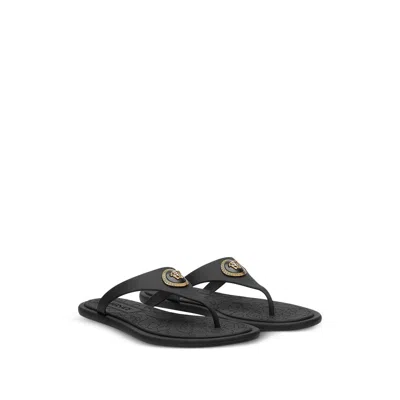 Versace Flat Sole Open Toe Sandals With Medusa Motif In Black