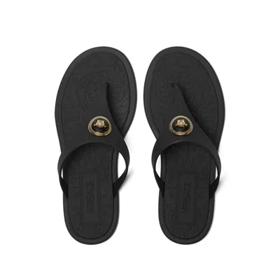 Versace Flat Sole Open Toe Sandals With Medusa Motif In Black