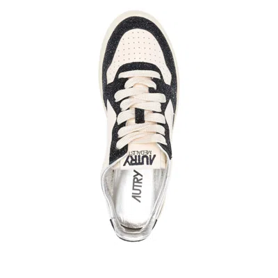 Autry Low Double Leather Sneakers With Glitter Detail In White