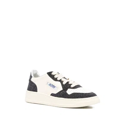 Autry Low Double Leather Sneakers With Glitter Detail In White