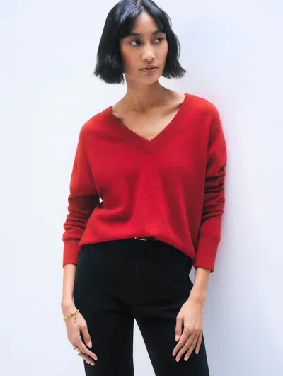 White & Warren Cashmere V Neck Sweater In Crimson In Red