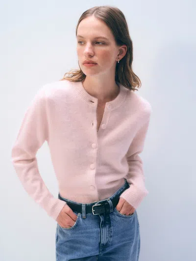 White & Warren Brushed Cashmere Crewneck Cardigan Sweater In Powdered Rose