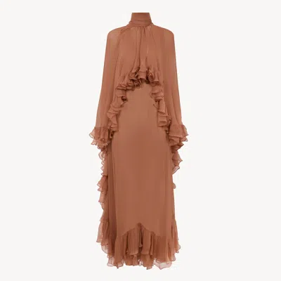 Chloé Mock-neck Ruffle Dress In Silk Mousseline In Brown