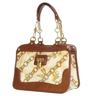 Pre-owned Louis Vuitton Blanc Brown White Leather Vinyl Tote Bag ()