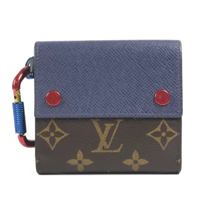 Pre-owned Louis Vuitton Blue Brown Red Color Monogram Canvas Taiga Leather Leather Wallet (bi-fold) (