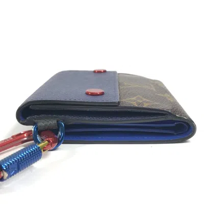 Pre-owned Louis Vuitton Blue Brown Red Color Monogram Canvas Taiga Leather Leather Wallet (bi-fold) (