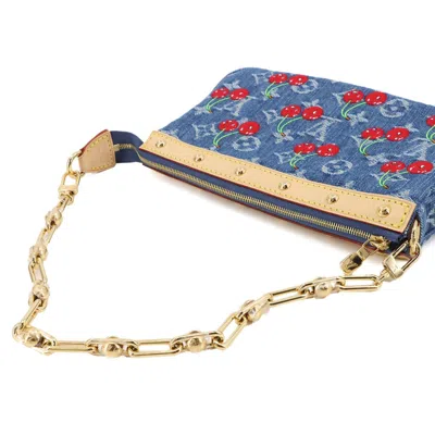 Pre-owned Louis Vuitton Blue Monogram Cherry Red Color Denim Handbag Pochette Shoulder Bag ()
