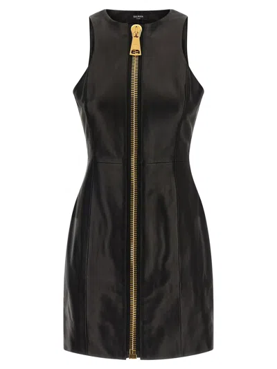Balmain Women Maxi Zip Leather Dress In Black