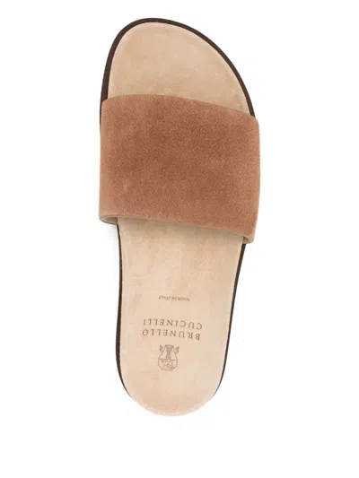 Brunello Cucinelli Black Lamb Ovis Aries Aries Flat Sandals In Brown