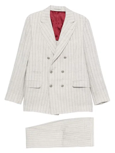 Brunello Cucinelli Striped Linen Double-breasted Suit Jacket In Gray