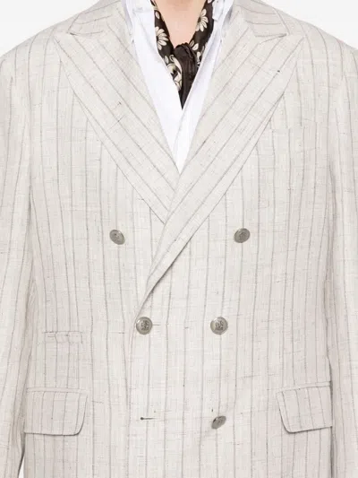 Brunello Cucinelli Striped Linen Double-breasted Suit Jacket In Gray