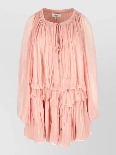 Chloé Women Pink Mini Dress With Drawstring On The Front And Cape Design In Silk Woman In Pink