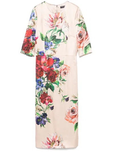 Dolce & Gabbana Satin Dress With Iconic Floral Print In White