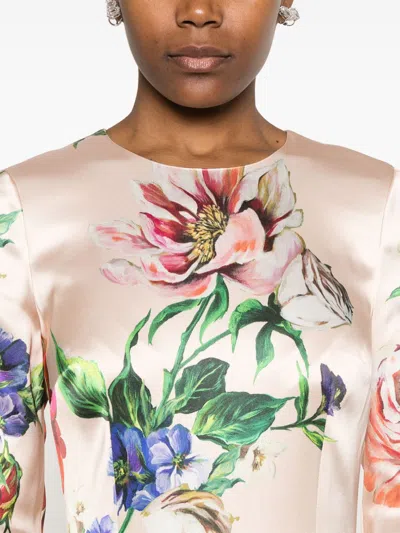 Dolce & Gabbana Satin Dress With Iconic Floral Print In White