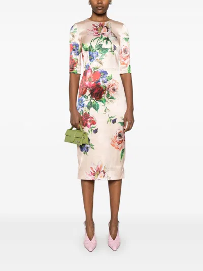 Dolce & Gabbana Satin Dress With Iconic Floral Print In White