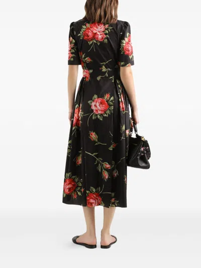 Dolce & Gabbana Belted Gathered Floral-print Cotton-poplin Midi Dress In Black