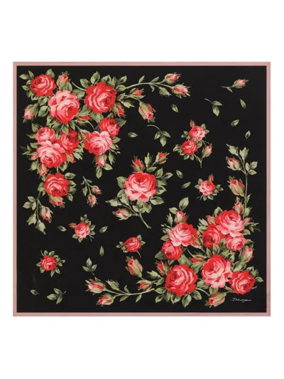 Dolce & Gabbana 90x90 Cm Silk Twill Scarf With A Rose Bouquet Print In Animal Print