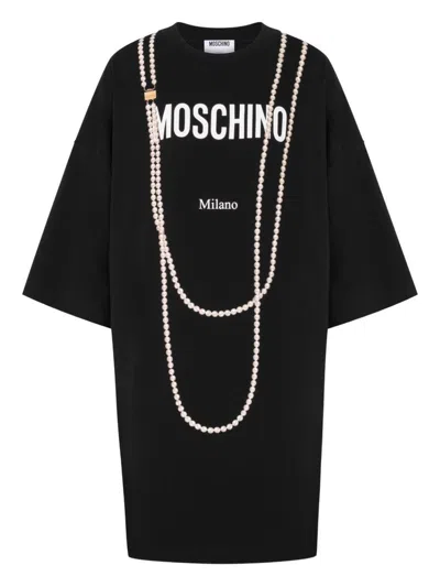 Moschino Short Sleeve Knee Length Nylon Silk Dress In Black