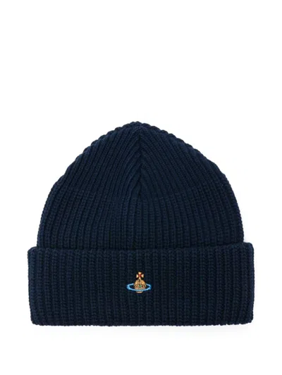 Vivienne Westwood Casual Ribbed Knit Hat Turn Up Brim In Blue