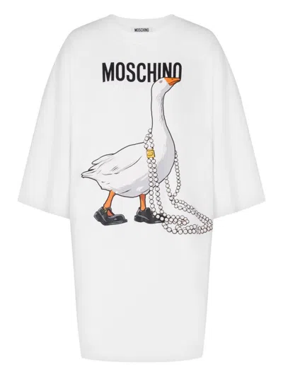 Moschino Crew Neck Graphic Print Silk Blend Dress In White