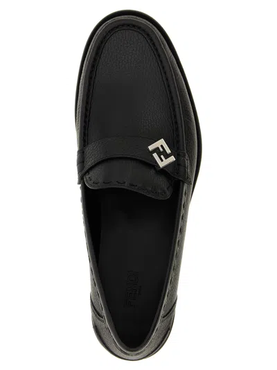 Fendi Round Toe Textured Leather Loafers In Black