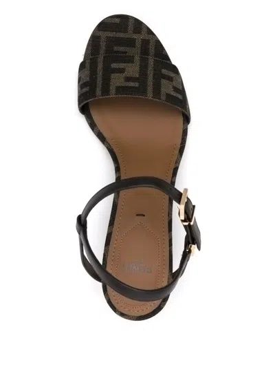 Fendi Women Delfina Ff Brown Jacquard Sandals In Multi